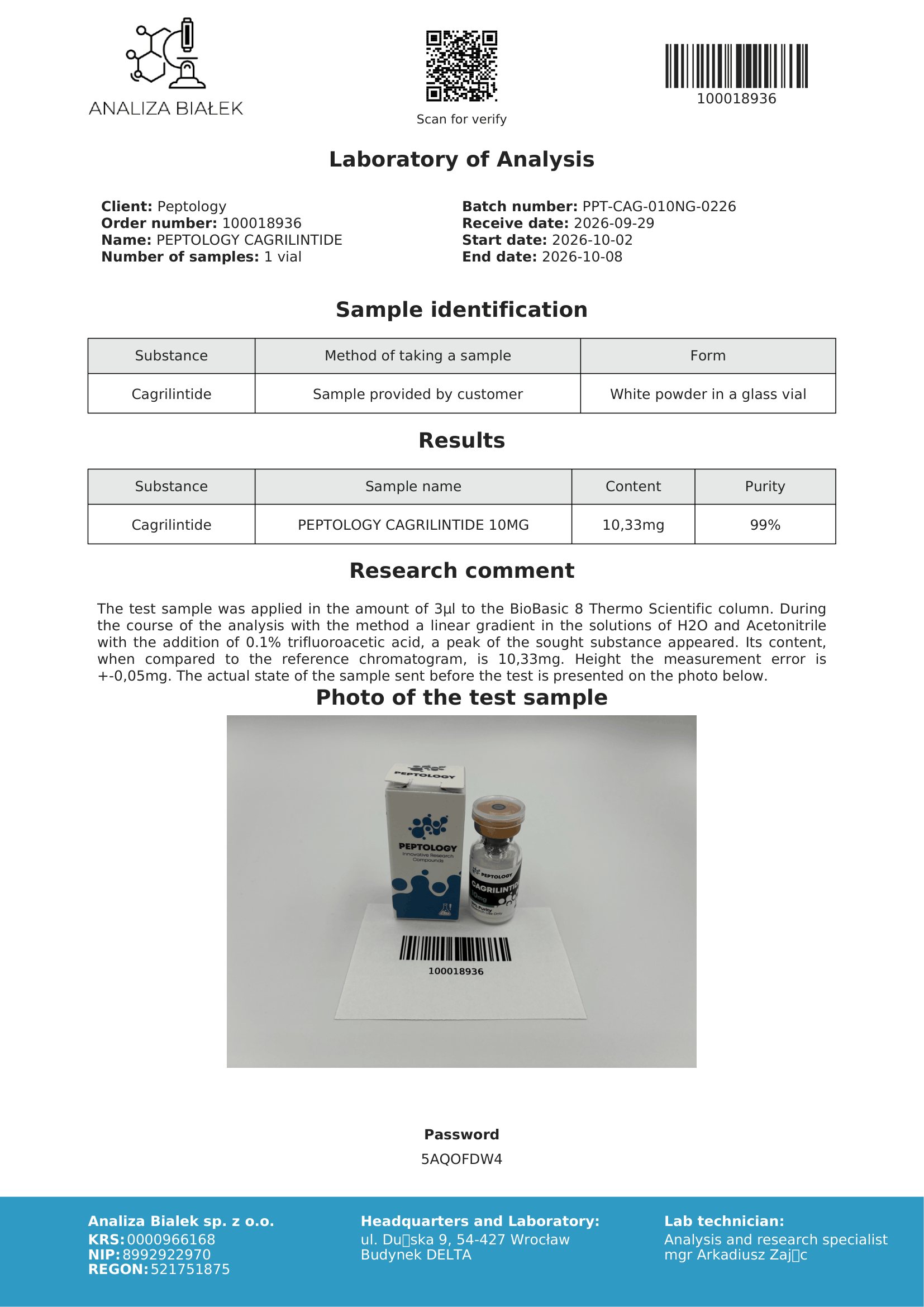 Cagrilintide 10 mg – πιστοποιητικό καθαρότητας HPLC, παρτίδα 0226
